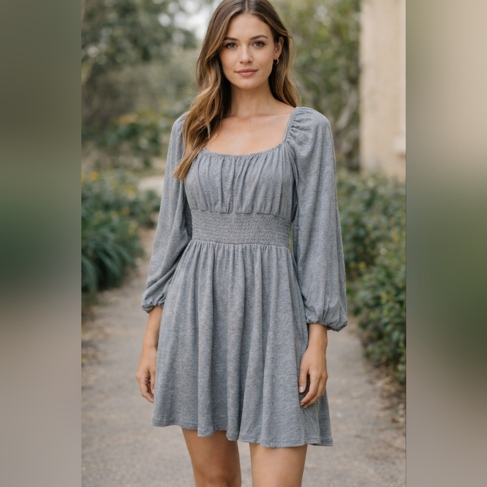 NWT Shop Basic Gray Smocked Waist Dress – Size  M & XL – Long Sleeve Square